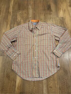 J. McLaughlin Multicolor Plaid Button-Down Shirt with Orange Trim Medium